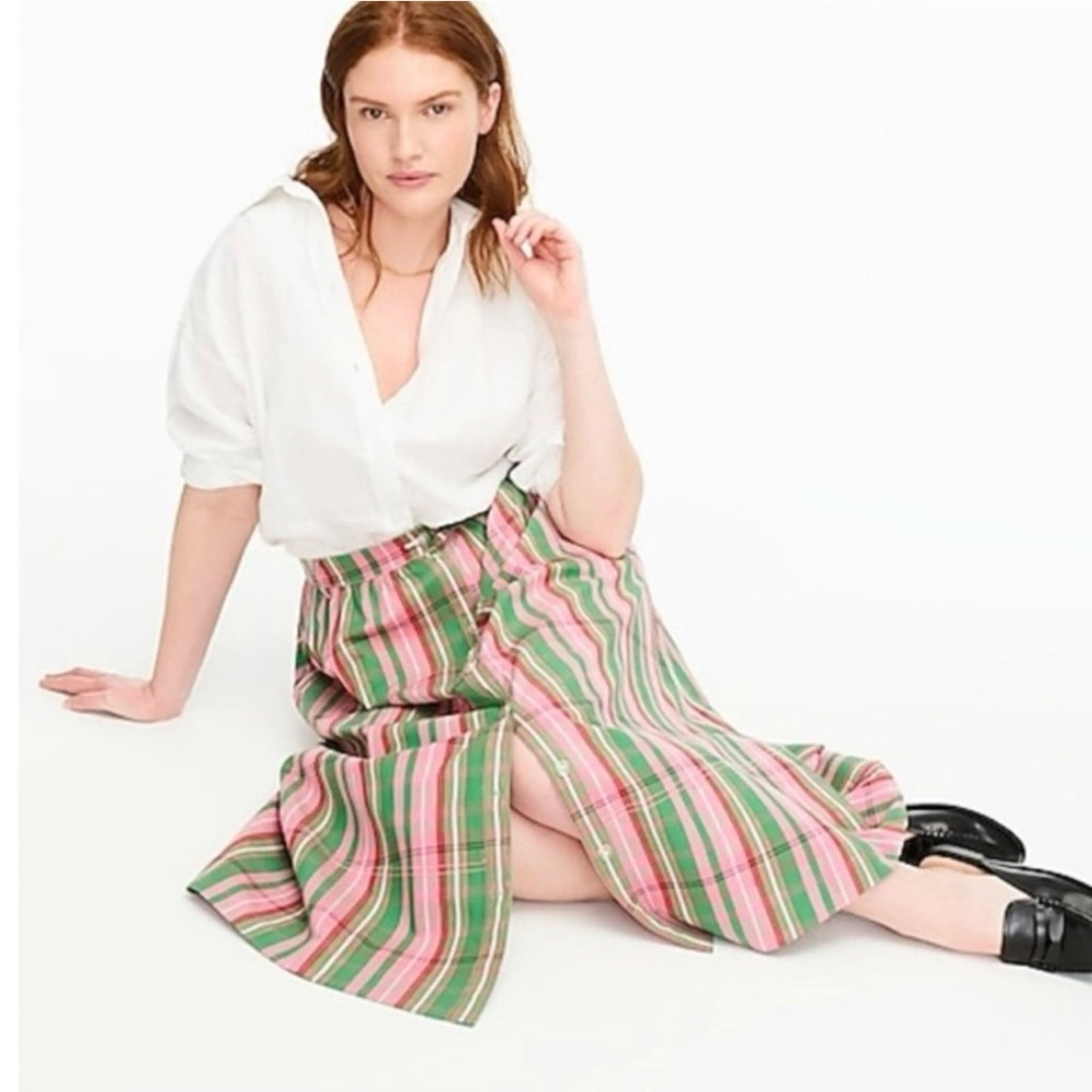 J. Crew cotton pink plaid button front skirt